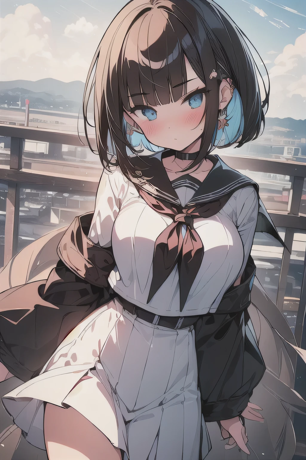 (best quality), (Super detailed), (Best Illustration), (masterpiece), (woman), high contrast, look at viewer, {(white serafuku:1.2)}, (large breasts), {(detailed eyes), blue eyes}, {brown hair, (sideburns), (bob cut:1.3), curly hair, hairs between eyes, colored inner hair}, blush, earring, wind, (panoramic view:1.3)