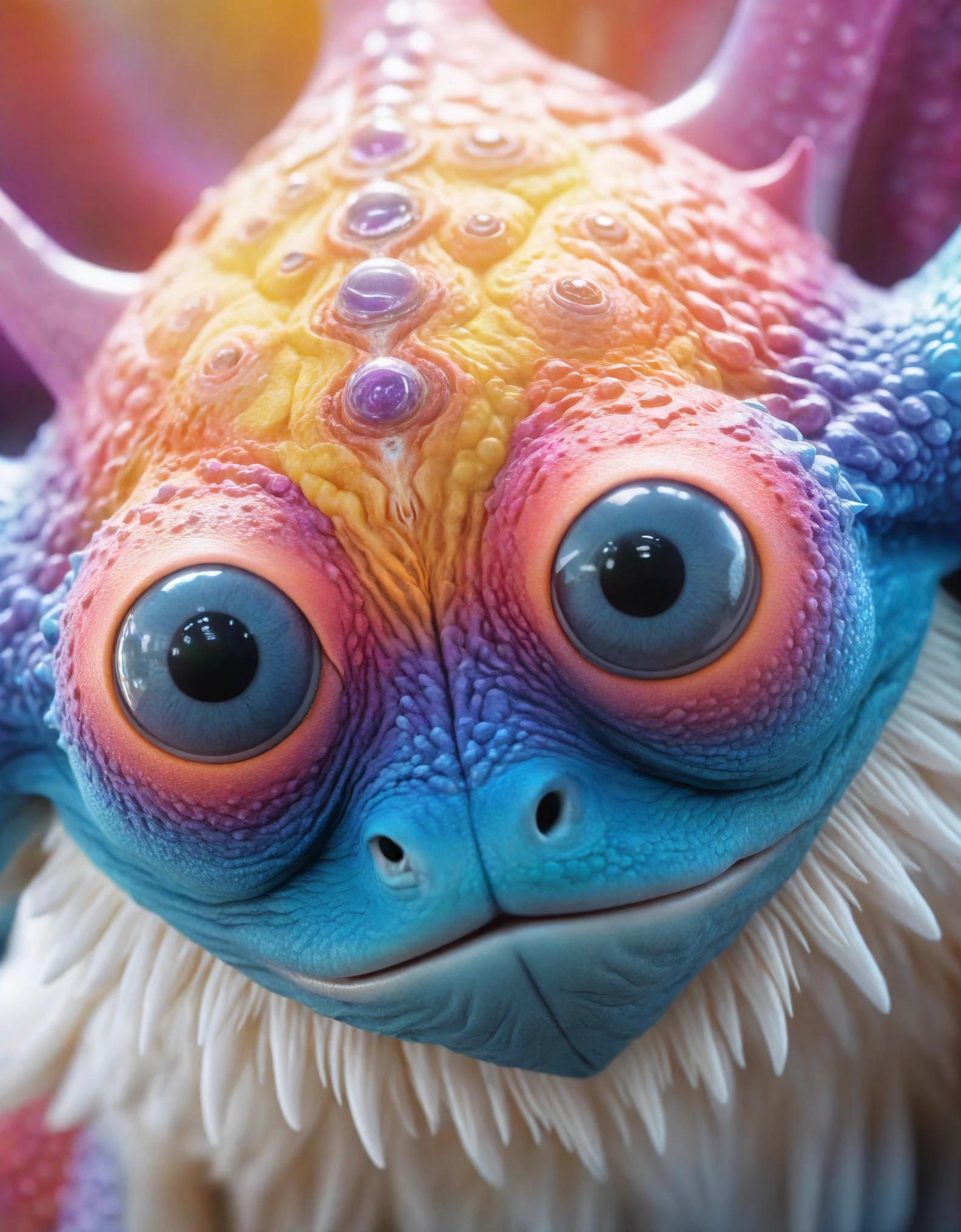 A huge, macro anthropogenesis cybertoid, monstruotic creature looks directly at the camera. This concept art is boldly outlined with highly detailed features, blending realistic and fractal elements. The creature is colorful, with sharp focus on its face and eyes, creating a masterpiece of high quality. The background is detailed but has a shallow depth of field, enhancing the creature’s prominence in the scene.