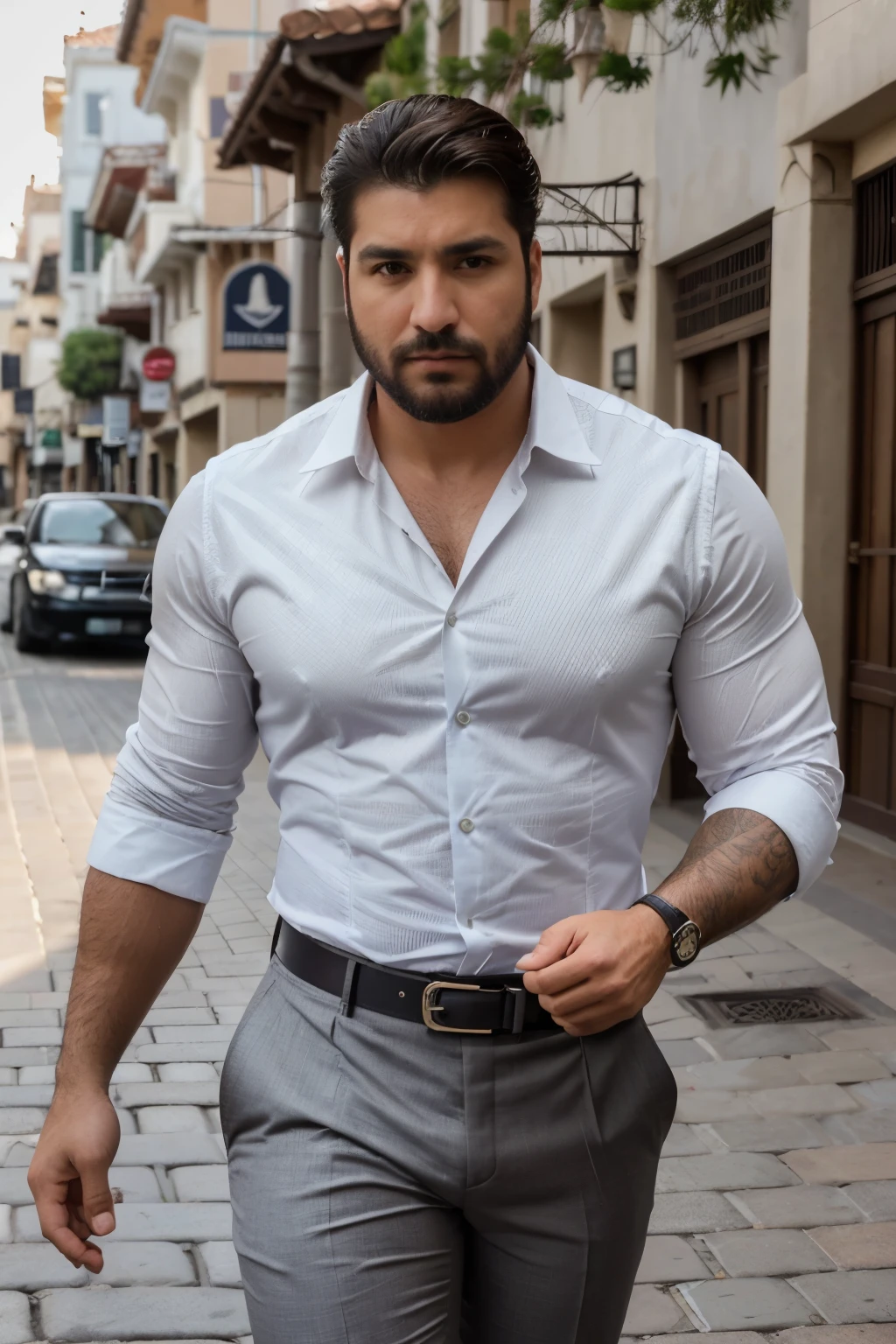 Rogelio Martínez, hombre barbudo y musculoso, muy guapo y varonil, intrincado, elegant, Sharp focus, foto de greg rutkowski, Soft lighting, Colores vibrantes, Obra maestra, ((calles)), cuerpo completo, gray formal pants, fajado, brown belt,