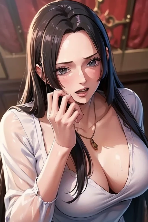(((masterpiece))), (((best quality))), ((ultra-detailed)), (highly detailed CG illustration), Boa Hancock, (masterpiece:1.5), Detailed Photo, Sexy, (Best Quality: 1.4), (1girl), Beautiful Face, (black Hair, long Hair: 1.3), Beautiful Hairstyle, beautiful detail eyes, (realistic skin), beautiful skin, absurd, attractive, ultra high resolution, high definition, (sexually aroused:1.5), Pinkish white skin, cool white light, sexy pose, Beautiful , white background, pink soft white light, Wear a white dress, (bukkake:1.4), mature, onee-san, wife