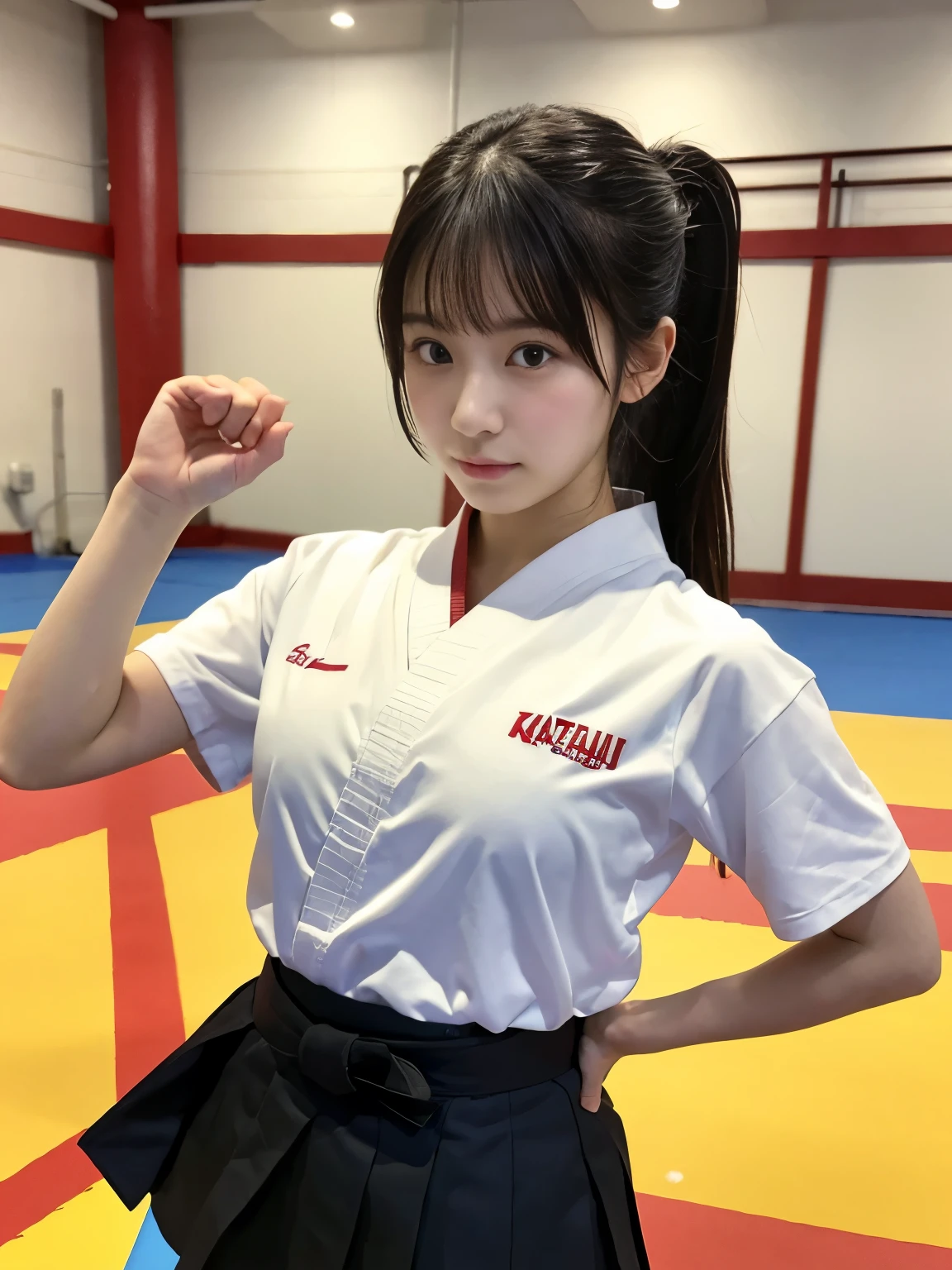 Best image quality,highest quality,masterpiece,4K,8k,highest quality,女性karate,in a karate道場 ring, Chudan Gyakutsu pose, karate, Young Japanese Woman, Japanese Girls,karateのUniform,Black belt,karate大会、whole body、Big Breasts、Uniform、mini skirt、Too much exposure、No bra、Big