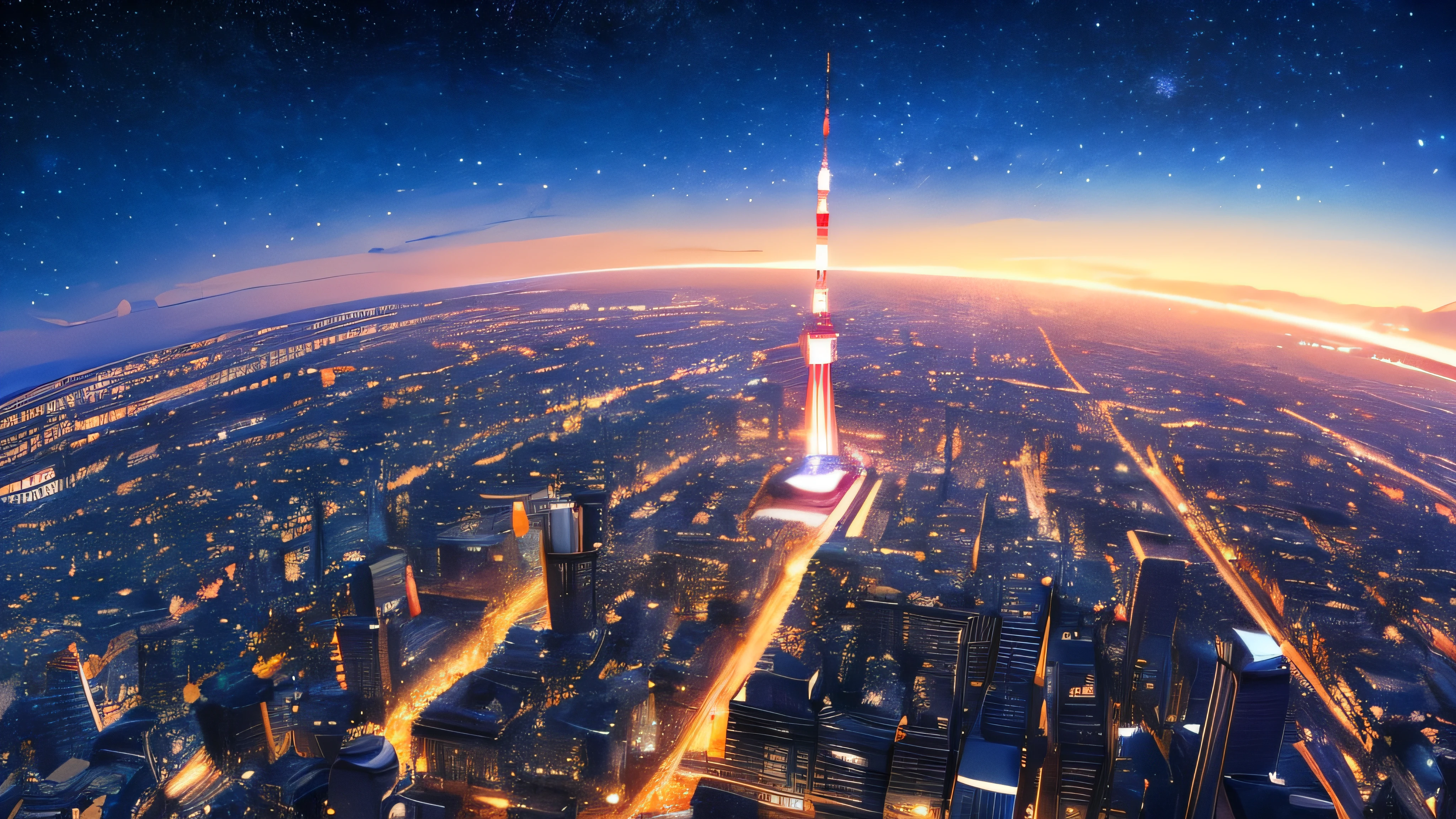 (masterpiece:1.2,highest quality),Tokyo night view,Shot with an ultra-wide-angle prime lens,starry skies,milky way,((Ghibli style)),8k resolution