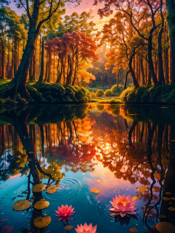 Picture a serene forest scene, with the first rays of the sun peeking through the trees, casting warm, golden light on the forest floor. A gentle breeze rustles the leaves, and the scent of blooming flowers fills the air. In the stillness of the forest, you find yourself on a spiritual journey, seeking inner peace and warmth.
Amidst the lush greenery, there's a tranquil pond, its surface reflecting the vibrant reds and oranges of the sunrise. A soft, pink lotus flower floats on the water, its petals gently opening to embrace the light. Inside this lotus flower, there's a glowing, warm core