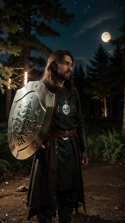 Forest at night, moonlight, Male medieval knight (ring mail), poor, ragged clothing, ((round wooden shield)) ((shield with fir tree insignia))