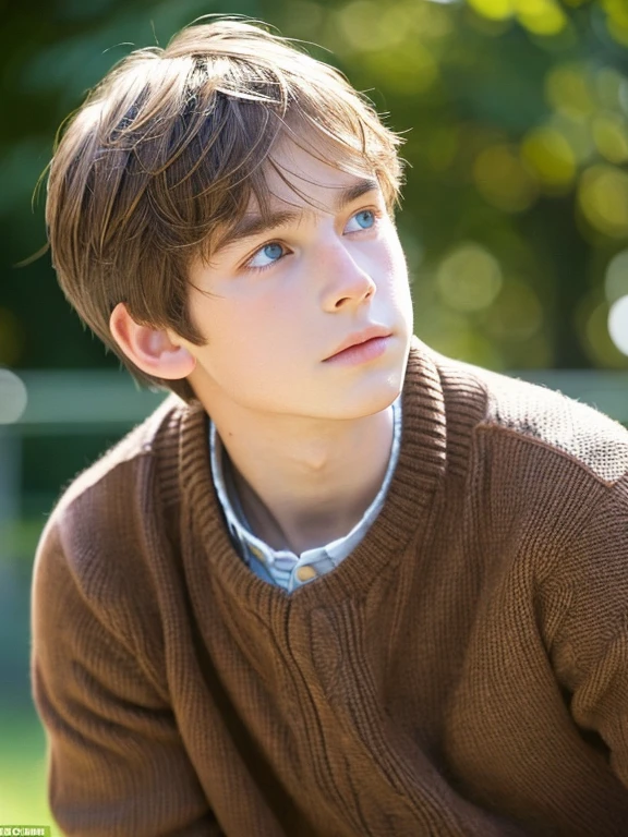 A beautiful and tender but masculine boy of  in a park playing with white skin, blue eyes, light brown hair