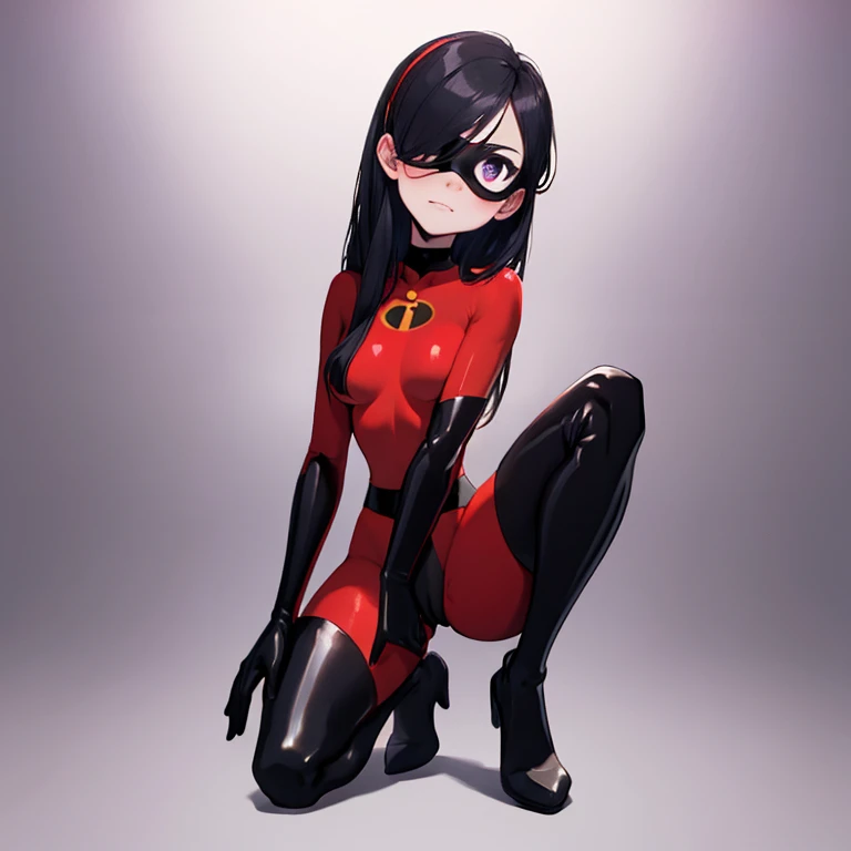 (full body),masterpiece, highest quality, ((One girl)), Violet Par, Eye mask，Long Hair, Black Hair,  Hair on one eye,  (Red hero suit)，Red bodysuit，black elbow gloves，Black Thigh Boots，Thick thighs，Put your hands on your hips，Squat，Spread your legs，View your viewers, Face to endure humiliation, Simple Background 