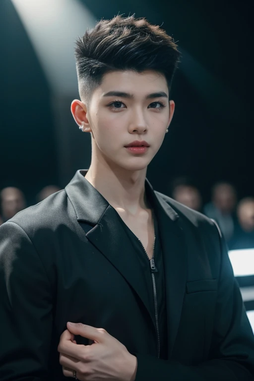 (8k, RAW Photos, highest quality,High resolution, masterpiece: 1.2). (Realistic, Realistic: 1.37),((Light on face:1.2)),((Cinema Lighting:1.2)),(Photorealism:1.4),(Real Image),(Photographic images),20-year-old,((korean kpop idol:1.3)),(male:1.5), (High Top Fade:1.6), Dark Theme, Calm tone, Calm colors, High Contrast, (Natural skin texture, Hyperrealism, Soft Light, sharp),(Black suit:1.3)