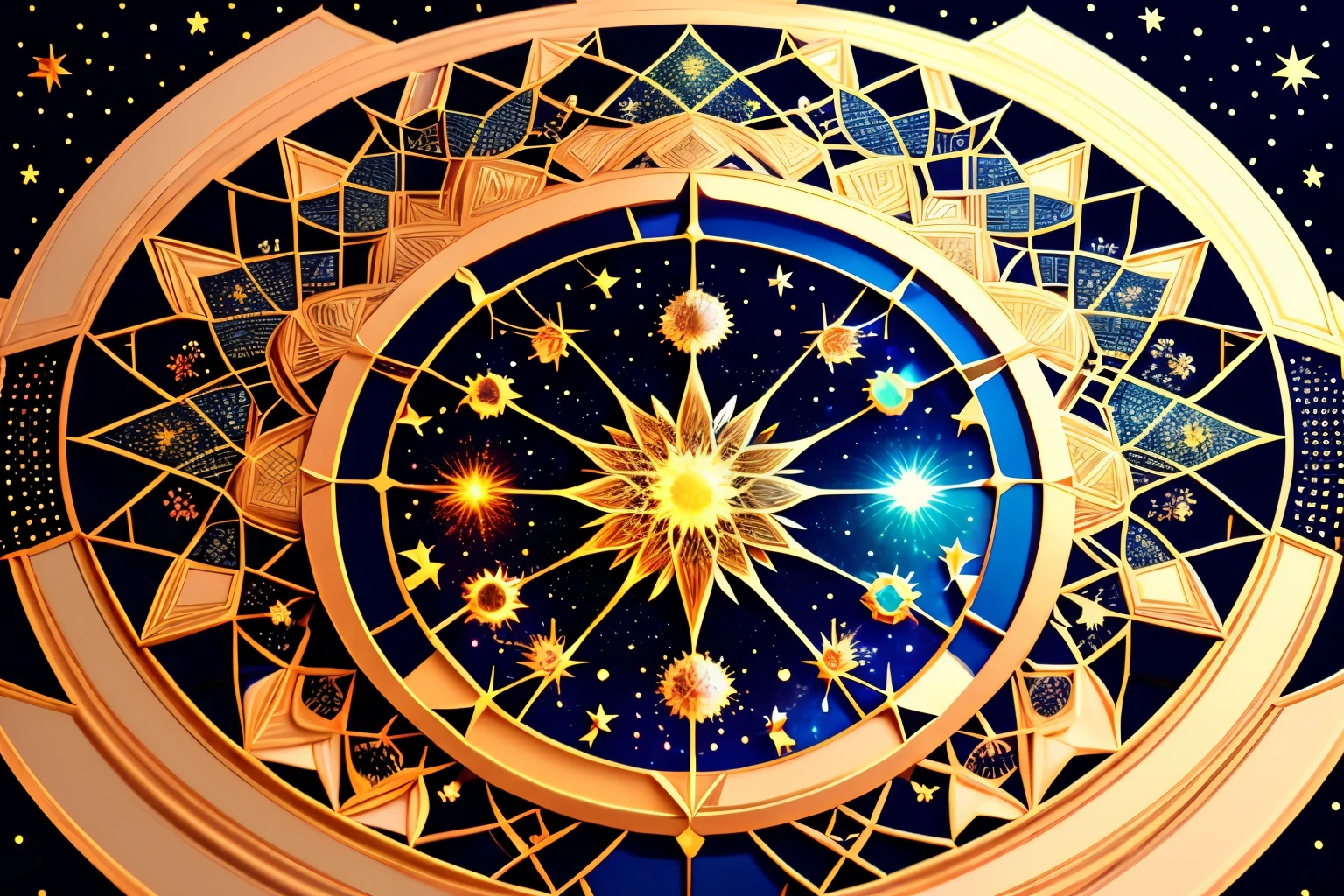 fusion artwork, best quality, super fine, 16k, incredibly absurdres, extremely detailed, delicate, flashy and dynamic depiction, constellations, heavenly bodies, planets, kaleidoscope, planetarium, mixture art, blend art, design art, artwork