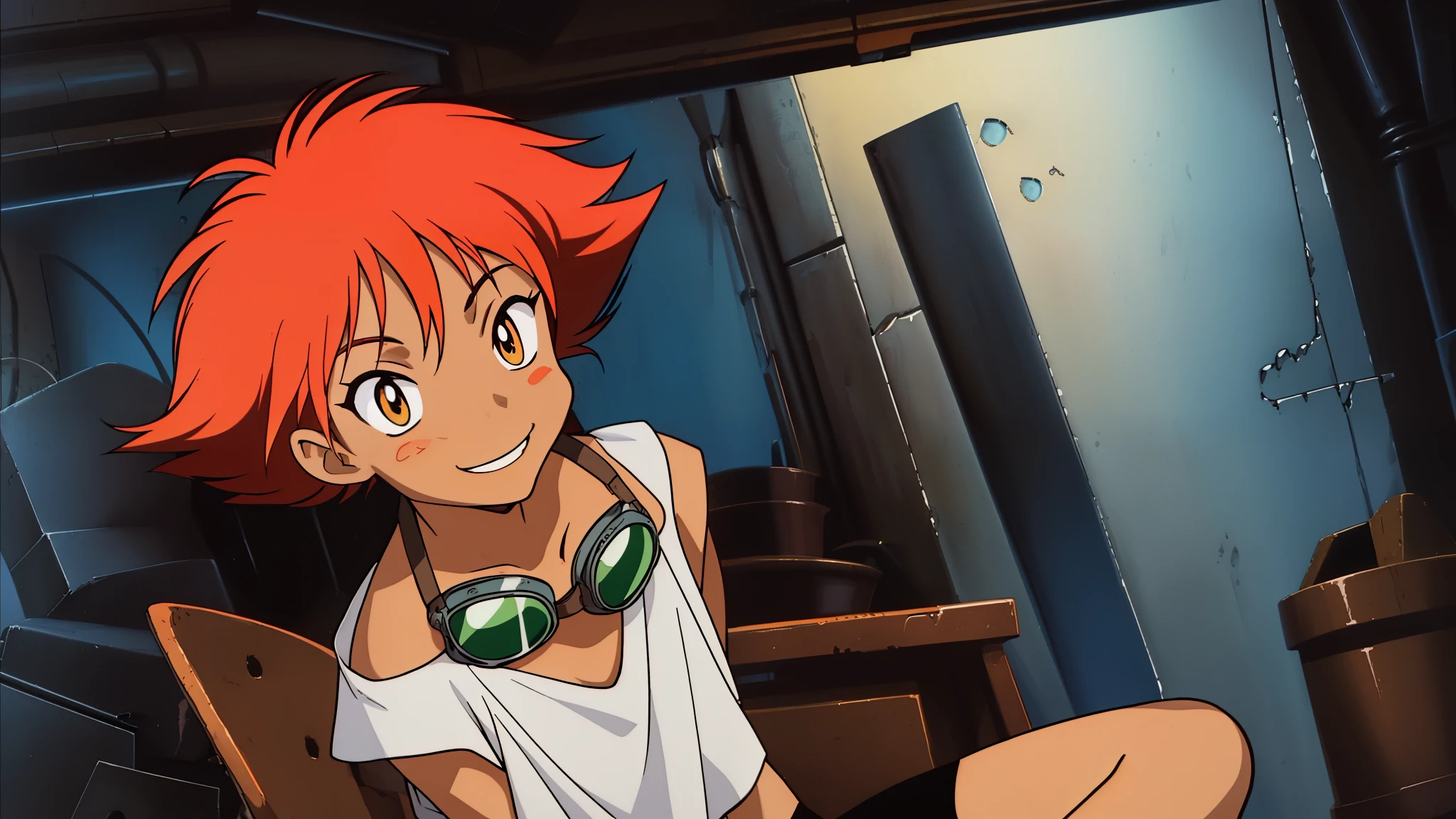 Edward,midriff,orange hair,white shirt,off shoulder,collarbone,tan skin, bike shorts,goggles, brown eyes, space station,engine room, upper body,sitting,smiling, under boob, cropped shirt, breasts, cleavage (insanely detailed, beautiful detailed face, masterpiece, best quality),