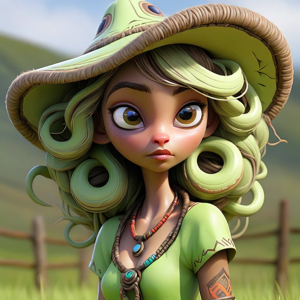 (best quality,4k,8k,highres,masterpiece:1.2),ultra-detailed,(realistic,photorealistic,photo-realistic:1.37),full body portrait of beautiful alien (light green skin, small cute antenna) native tribal woman in muddy primitive farm:1.2,(herding affectionate sheep sized bioluminescent tentacle monsters)(primitive straw broad rim hat, colorful tribal belt, unclad, some tribal tattooing and body paint, confidence, big natural breast), (vivid colors, outdoors, green pastures). (head to toe, show all of her0