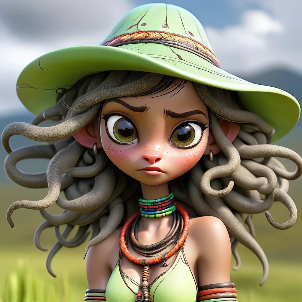 (best quality,4k,8k,highres,masterpiece:1.2),ultra-detailed,(realistic,photorealistic,photo-realistic:1.37),full body portrait of beautiful alien (light green skin, small cute antenna) native tribal woman in muddy primitive farm:1.2,(herding affectionate sheep sized bioluminescent tentacle monsters)(primitive straw broad rim hat, colorful tribal belt, unclad, some tribal tattooing and body paint, confidence, big natural breast), (vivid colors, outdoors, green pastures). (head to toe, show all of her0
