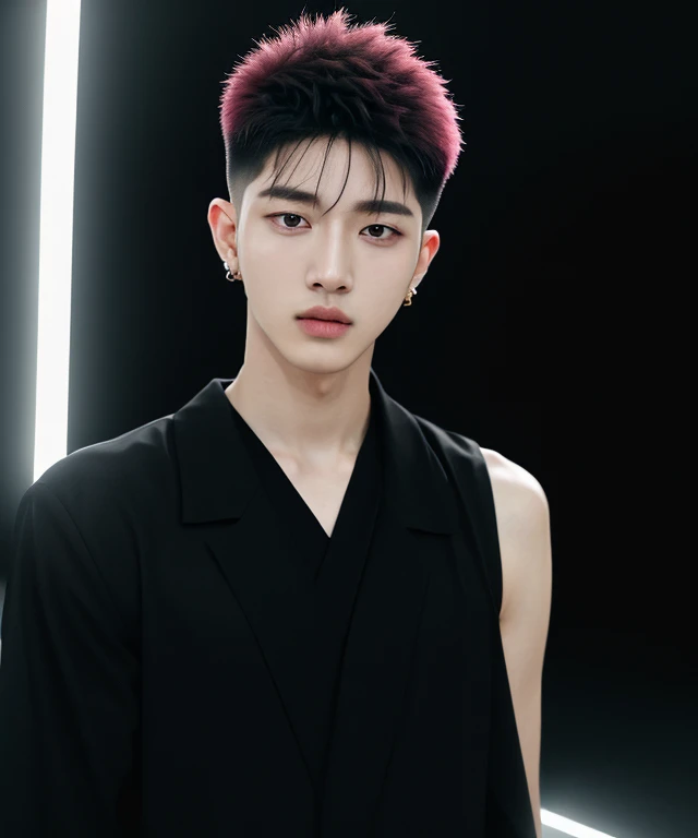 (8k, RAW Photos, highest quality,High resolution, masterpiece: 1.2). (Realistic, Realistic: 1.37),((Light on face:1.2)),((Cinema Lighting:1.2)),(Photorealism:1.4),(Real Image),(Photographic images),20-year-old,((Korean、K-Pop Idols:1.3)),(male:1.4), (High Top Fade:1.5), Dark Theme, Calm tone, Calm colors, High Contrast, (Natural skin texture, Hyperrealism, Soft Light, sharp),(Black suit:1.3)
