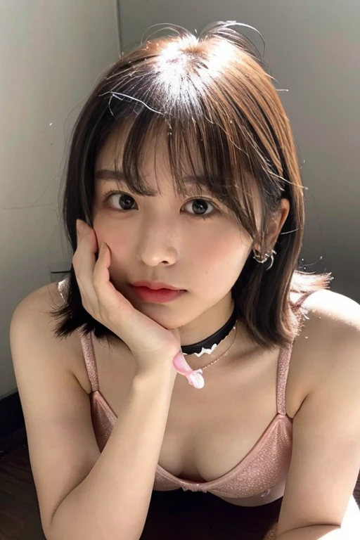 (highest quality, High resolution, Tabletop:1.2), Very detailed, Realistic:1.37, Pink Hair, Bob Hair, Sleepy eyes, Beautiful fine details, Beautiful lip detail, smile, choker, woman、She has very big and beautiful breasts.。Swimsuit made from seashells、Full Body Lesbian、Eyes slightly upwards、Eyes become whites of the eyes、Please open your mouth so wide it hurts、Spread your legs wide、Put your butt on the ground、Touching the genitals with hands、Point your knees outwards、Push your lower body forward、
