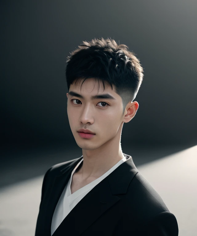 (8k, RAW Photos, highest quality,High resolution, masterpiece: 1.2). (Realistic, Realistic: 1.37),((Light on face:1.2)),((Cinema Lighting:1.2)),(Photorealism:1.4),(Real Image),(Photographic images),20-year-old,((Japanese Idol:1.3)),(male:1.4), (High Top Fade:1.5), Dark Theme, Calm tone, Calm colors, High Contrast, (Natural skin texture, Hyperrealism, Soft Light, sharp),(Black suit:1.3)