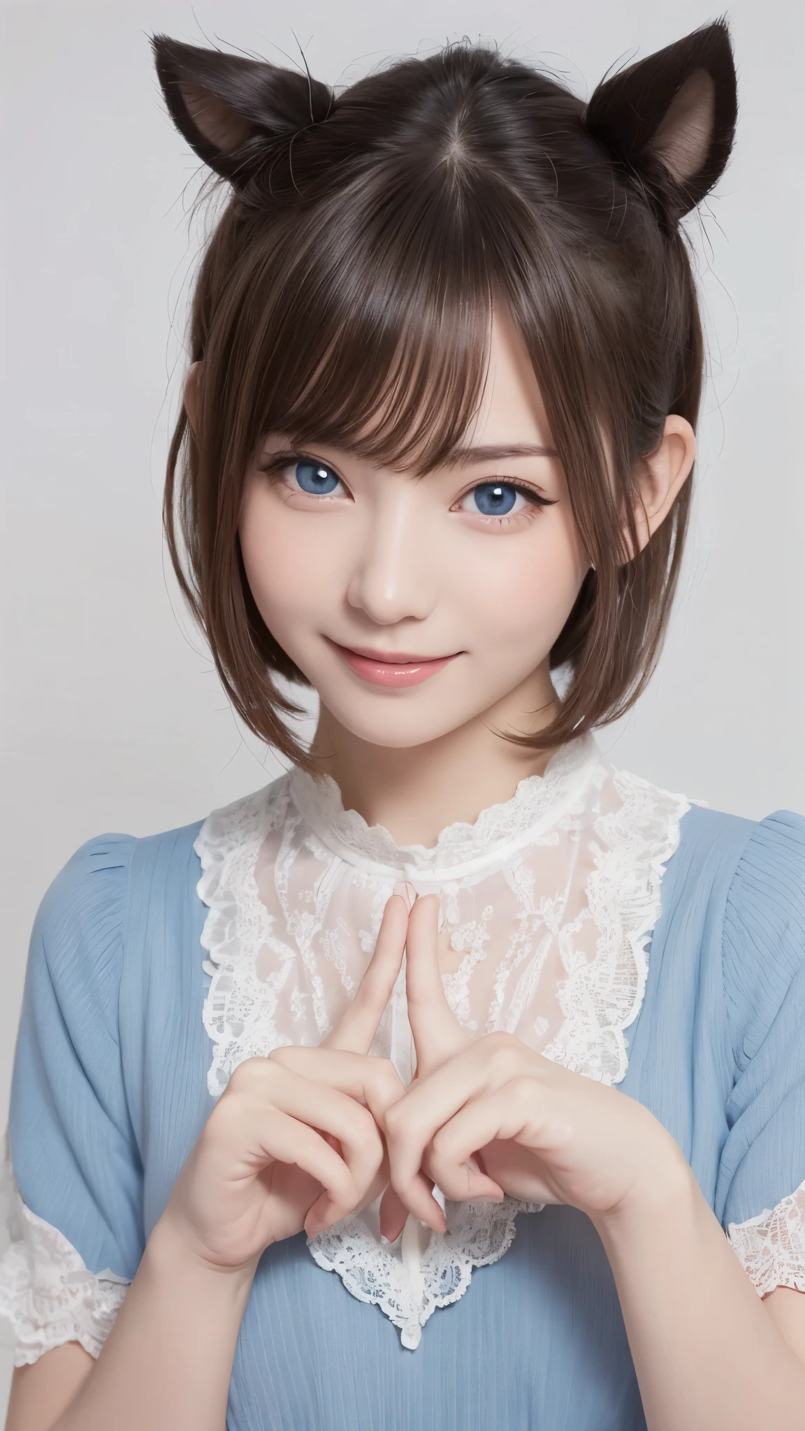 ((High quality)),masutepiece,(Detailed depiction of local details:1.2),1girl in,Blue eyes,Plump breasts,Enchanted Valley,Closed mouth,Eyelashes,Looking at Viewer,Portrait,Solo,paw pose,White theme,Short hair,big eyes, smile,paw pose, charming pose