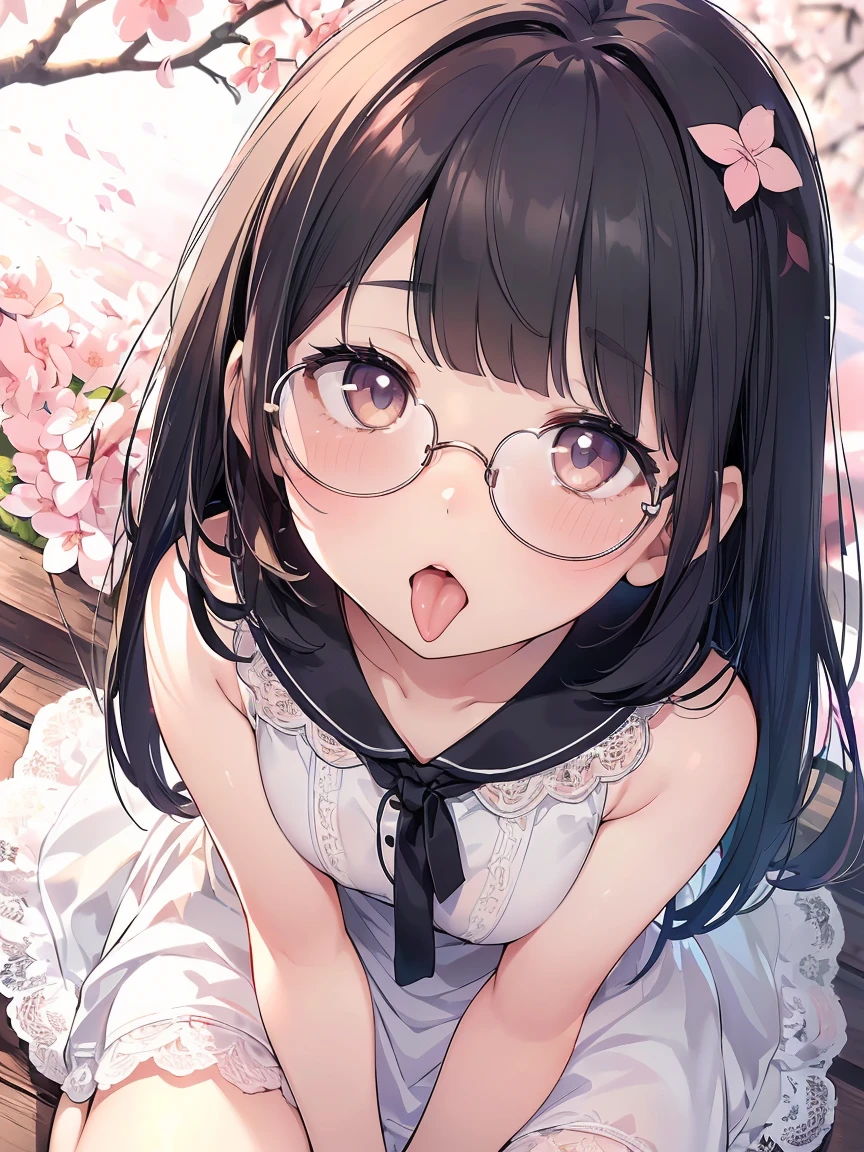 Very detailed, highest quality, High resolution, Moe Anime, ((A cute girl with black hair and droopy eyes is looking up)), ((Wearing large round glasses:1.4)), (), Cute eyes, Detailed eye depiction, Sparkle in the eyes, View your viewers, Pale skin, (Big eyes:1.4, Droopy eyes:1.4, Fatty face:1.4), Focus on the face, In the park with cherry blossoms falling, Sitting, (Extreme close up of tongue), (((From above))), Open your mouth, (((Face only:1.3))), ((white lace sleeveless dress)), Bright Eyes, Light from the front, (Put your hands between your legs:1.4), (large and long tongue:1.1)