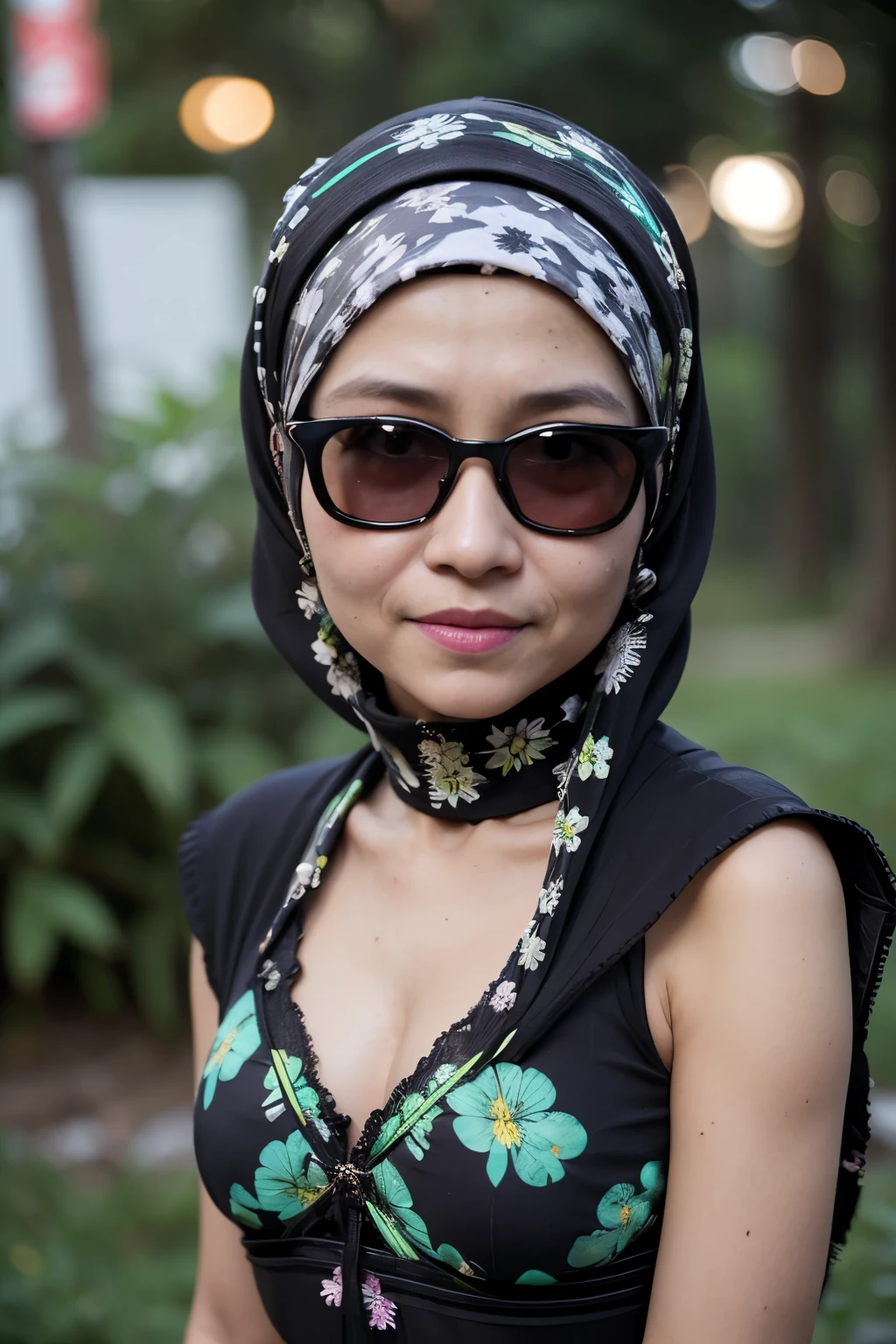 (((Sunglasses))), ((Old lady:1.5)), ((FLAT CHEST:1.6)), (Happy smile), (((HIJAB MALAY GIRL))), masutepiece, High quality, UHD 32K, Realistic face, Realistic skin feeling , A Japanese Lady, 58 years old matured lady, , Very cute and baby-like face, (((FLAT CHEST))), (Night time at forest), ((look In front  at the camera and SADNESS)), (((WHITE FLUORESCENT))), (((CUTE GIRL))), ((LIGHT GREEN FLUORESCENT LIPS)), ((Floral Pattern)) little wearing strapless bra, strapless colorful bra, dark night background , black forest night, horror scary place, (from behind up) seductive pose