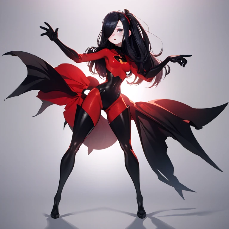 (full body),masterpiece, highest quality, ((One girl)), Violet Par, Eye mask，Long Hair, Black Hair,  Hair on one eye,  (Red hero suit)，Red bodysuit，black elbow gloves，Black Thigh Boots，Thick thighs，Put your hands on your hips，Spread your legs，View your viewers, Face to endure humiliation, Simple Background 