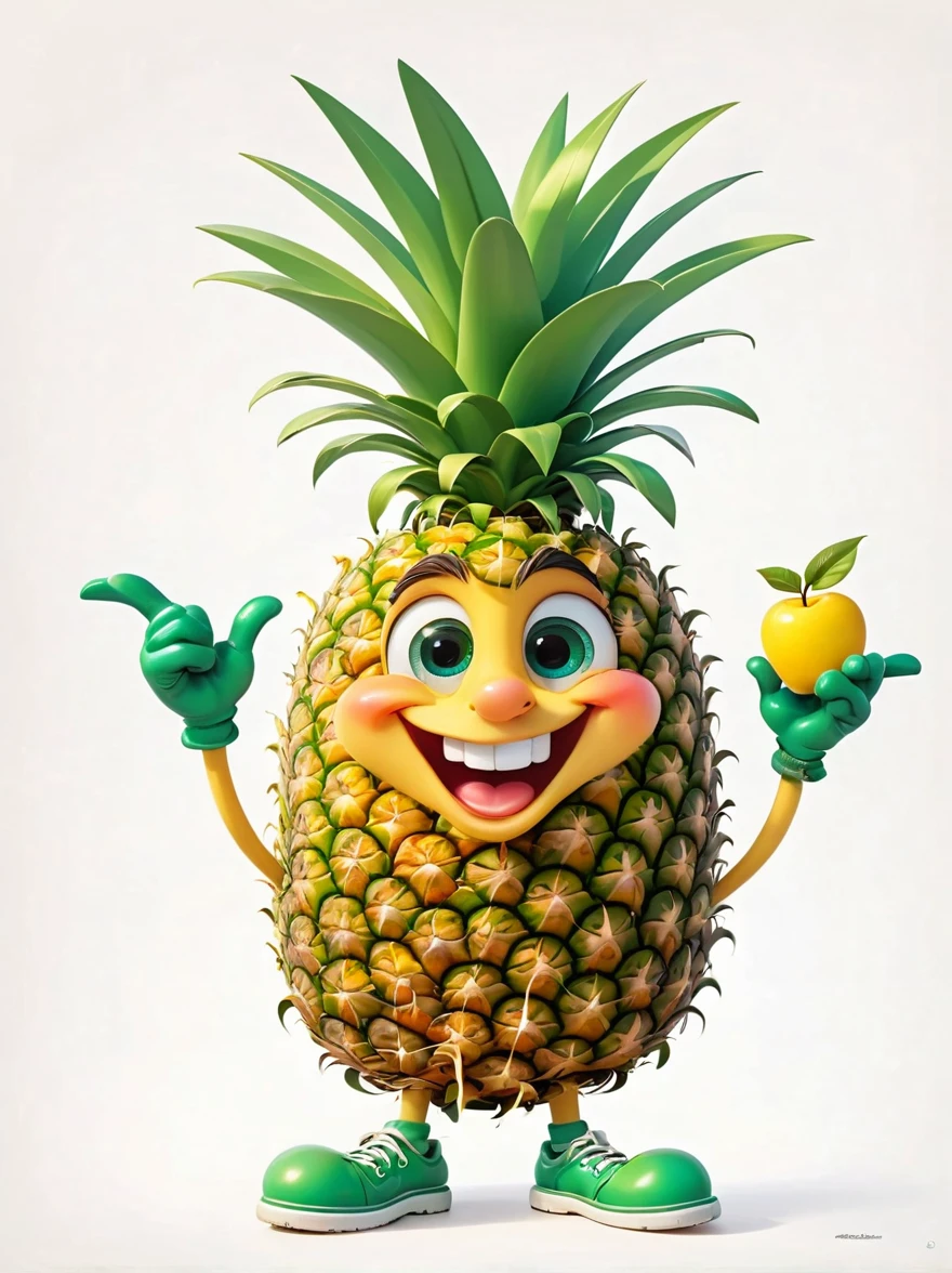 Visualize a playful and vibrant cartoon character influenced by an apple but peculiarly designed like a pineapple. It features a wide, goofy grin and spectacular colors that draw attention. Its skin presents a textured, bright yellow, and quirky, pointy green leaves spring from its top, imitating a typical pineapple's attributes. It also boasts large, expressive eyes that contribute to its comedic charm. This cartoon pineapple is anthropomorphized, equipped with friendly hands and feet, frequently suggested in entertaining poses serving as the mascot of an imaginary brand.