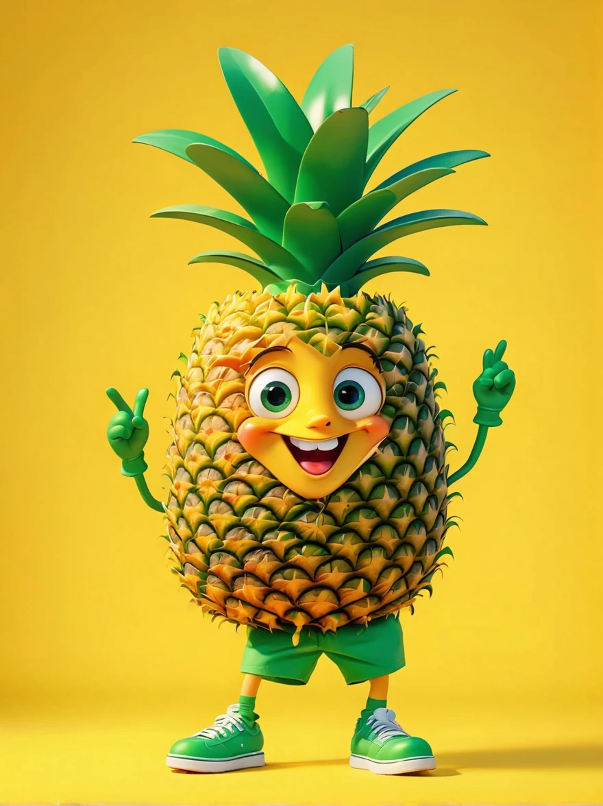 Visualize a playful and vibrant cartoon character influenced by an apple but peculiarly designed like a pineapple. It features a wide, goofy grin and spectacular colors that draw attention. Its skin presents a textured, bright yellow, and quirky, pointy green leaves spring from its top, imitating a typical pineapple's attributes. It also boasts large, expressive eyes that contribute to its comedic charm. This cartoon pineapple is anthropomorphized, equipped with friendly hands and feet, frequently suggested in entertaining poses serving as the mascot of an imaginary brand.