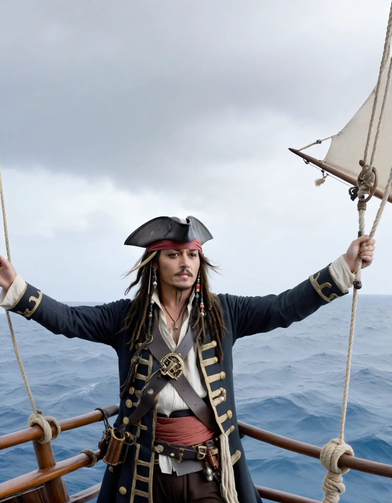 A cinematic movie still focusing on Johnny Depp as a pirate captain, age 44, in a heroic and intimidating pose with his crew mates. The scene includes a detailed pirate ship sailing on the ocean with a sweeping panoramic view. Elements such as sails, masts, nets, bottles, and ropes are visible. The sky is overcast, adding to the dramatic mood of the scene. The image is captured with movie quality, using equipment like Panavision Panaflex and Panavision Primo, in a 35mm format.