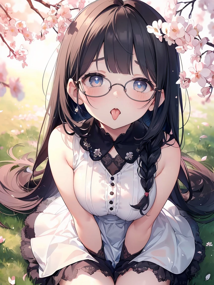 Very detailed, highest quality, High resolution, Moe Anime, ((A cute girl with black hair and droopy eyes is looking up)), ((Wearing large round glasses:1.4)), (Baby Face), Cute eyes, Detailed eye depiction, Sparkle in the eyes, View your viewers, Pale skin, (Big eyes:1.4, Droopy eyes:1.4, Fatty face:1.4), Focus on the face, In the park with cherry blossoms falling, Sitting, (Extreme close up of tongue), (((From above))), Open your mouth, (((Face only:1.3))), ((white lace sleeveless dress)), Bright Eyes, Light from the front, (Put your hands between your legs:1.4), (large and long tongue:1.1), ((Flat Chest))