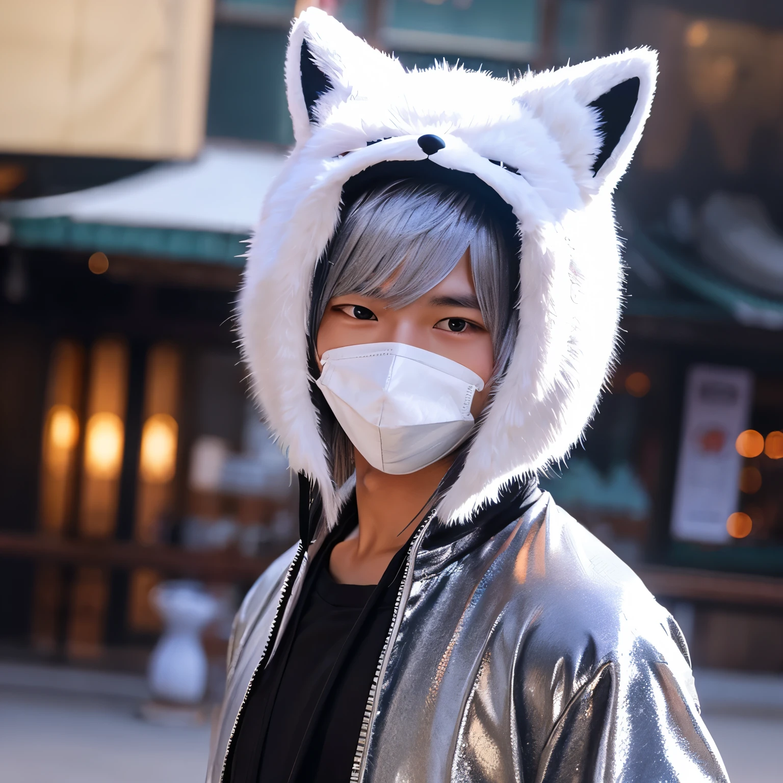 Please draw a silver-haired young man wearing a fox mask.。