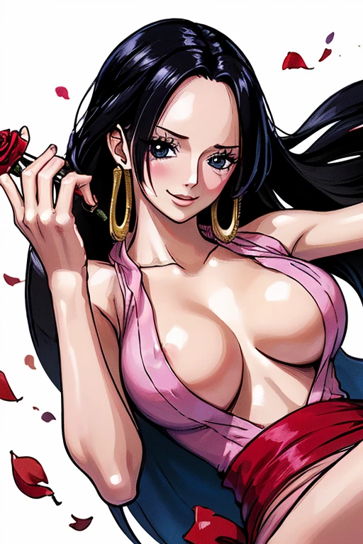 best quality, masterpiece, highly detailed,1girl,  ((rose)), (vine), cage, bandage, red rope, (detail light), falling rose petals, Boa Hancock, (nsfw:1.3), (masterpiece:1.5), Detailed Photo, Smiling, Sexy, (8K, Best Quality: 1.4), (1girl), Beautiful Face, (anime realistic Face), (Black Hair, long Hair: 1.3), Beautiful Hairstyle, Realistic eyes, beautiful detail eyes, (white skin), beautiful skin, absurd, attractive, ultra high resolution, ultra realistic, high definition, golden ratio, (sexually aroused:1.5), Pinkish white skin, cool white light, sexy pose, Beautiful , white background, pink soft white light, Wear a white tank top