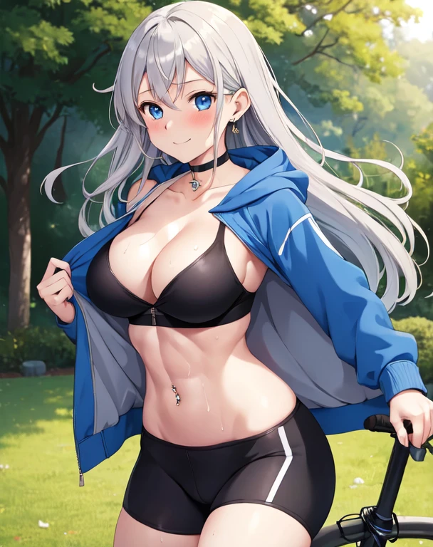 (((masterpiece))), ShizukaMikazuki, One Girl, alone, Looking at the camera, Long Hair, Gray Hair, Long sleeve, Cleavage, mega breasts,Large Breasts, Mature Body,Adult face,clavicle, Jacket, Open clothes, open Jacket, blue hoodie, Black sports bra, Black hot pants, choker with a charm,Play sports often,bicycle,Clear light blue eyes, Blushing,smile,Sweat,Amazed expression,Faintly visible abs,Earrings,Golden navel piercing,Park at dusk, Increase the size of the chest