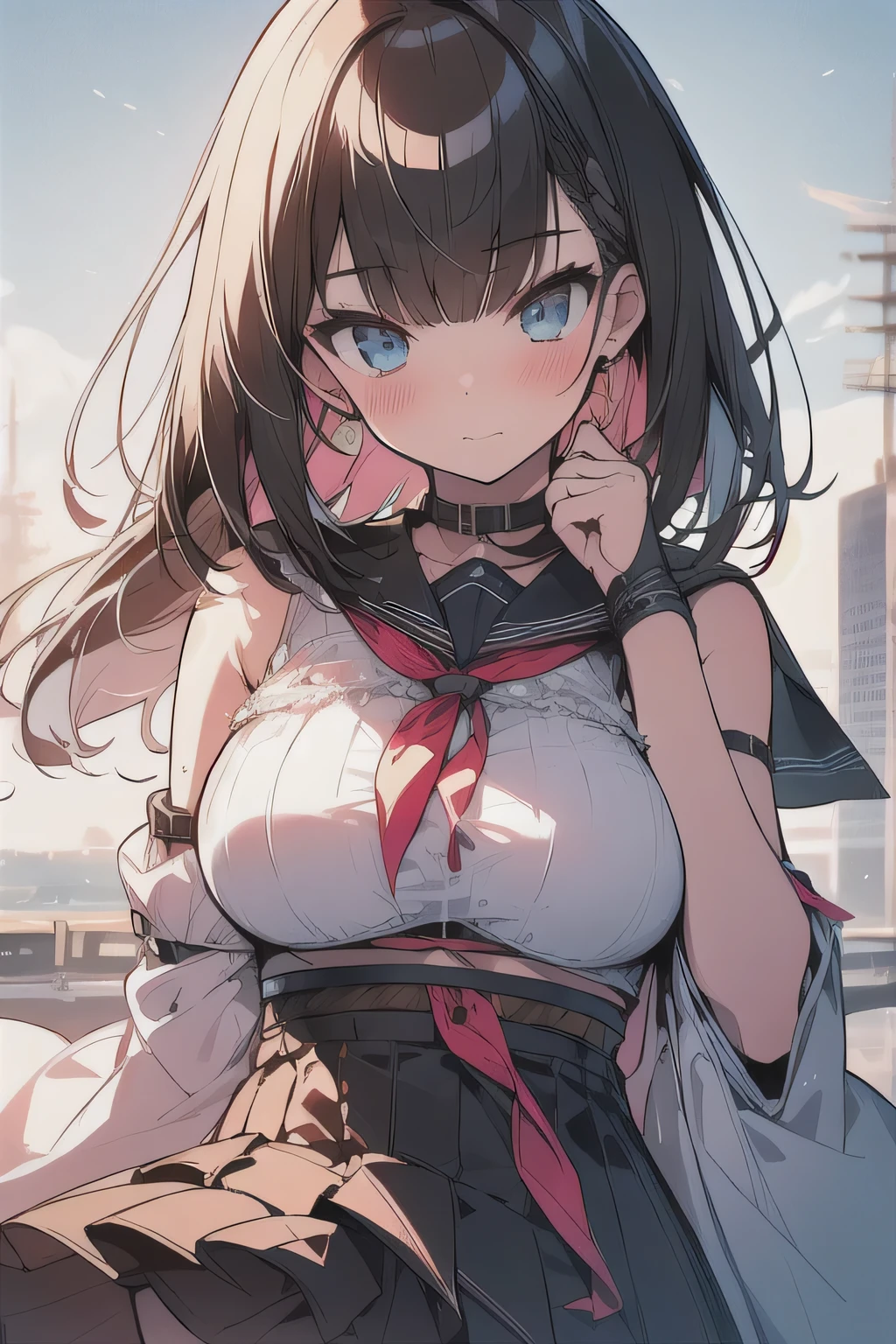 (best quality), (Super detailed), (Best Illustration), (masterpiece), (woman), high contrast, look at viewer, {(white serafuku:1.2), (serafuku lift:1.2), (show off bra:1.2)}, (large breasts), {(detailed eyes), blue eyes}, {brown hair, (sideburns), (bob cut:1.3), curly hair, hairs between eyes, colored inner hair}, blush, earring, wind, (panoramic view:1.3)
