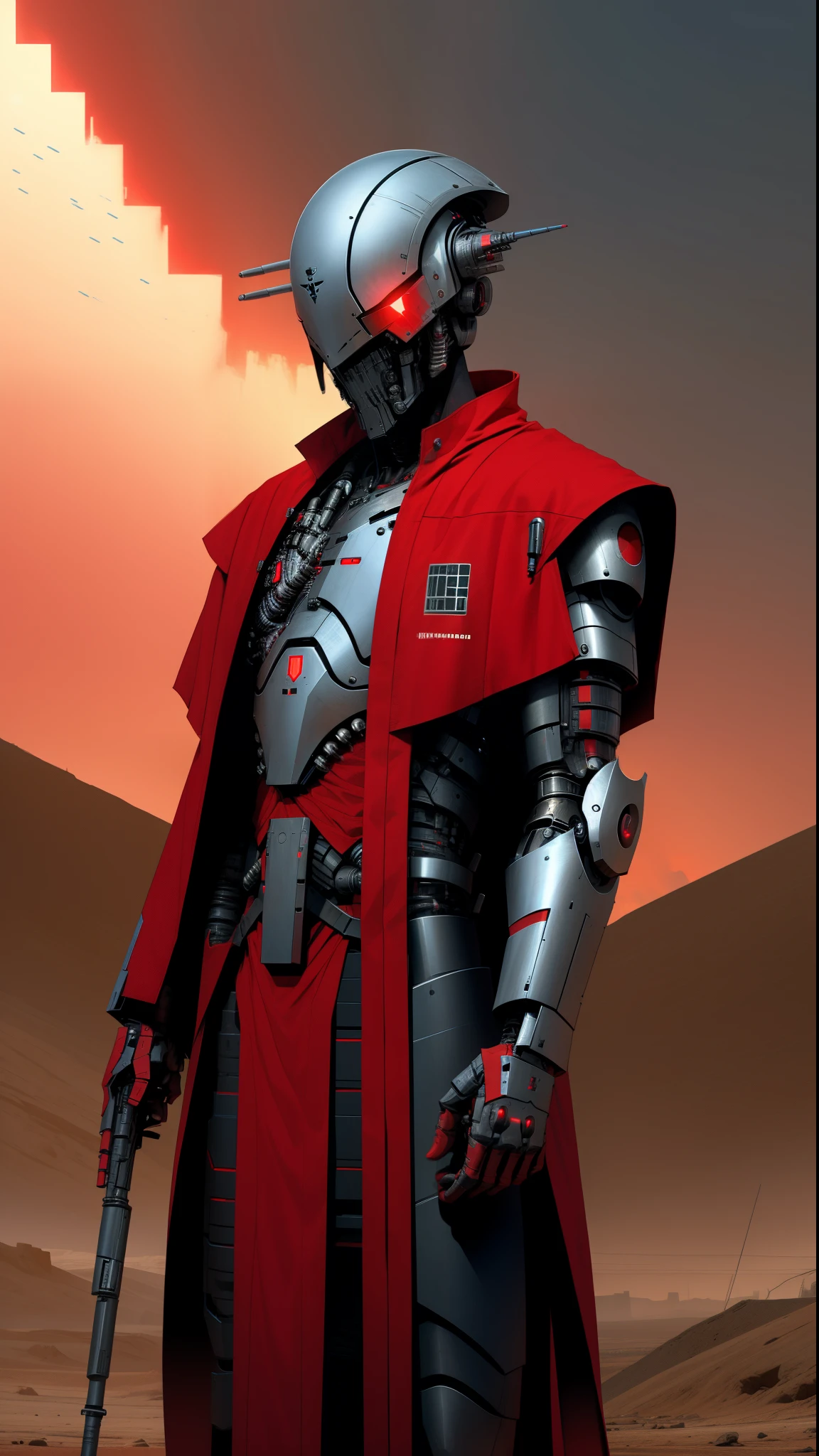 derpd, lethal cyborg assassin wearing robes armor, danger, red sky,post apocalypse