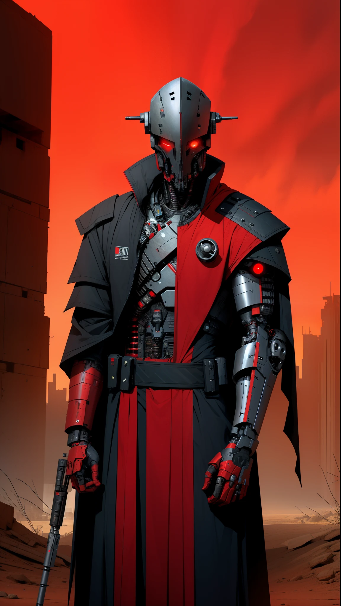 derpd, lethal cyborg assassin wearing robes armor, danger, red sky,post apocalypse 