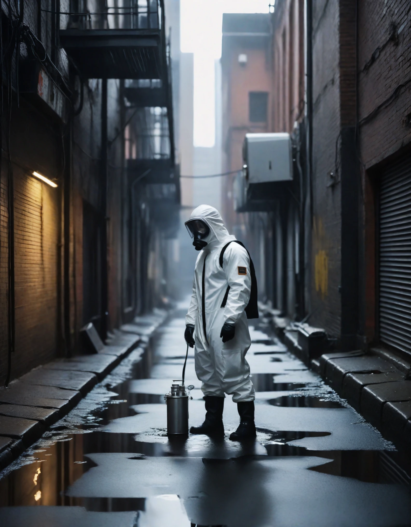 A cinematic film still depicting a lone man in a hazmat suit standing in a dark, grimy alley with a reflection in a puddle. The setting is a cyberpunk, post-apocalyptic landscape in New York City, featuring industrial buildings, decay, and ruins under a dark sky. The atmosphere includes fog and a shallow depth of field, creating a moody and epic scene. The image is styled with a vignette, bokeh, cinemascope, and has a high budget look with film grain and grainy details.