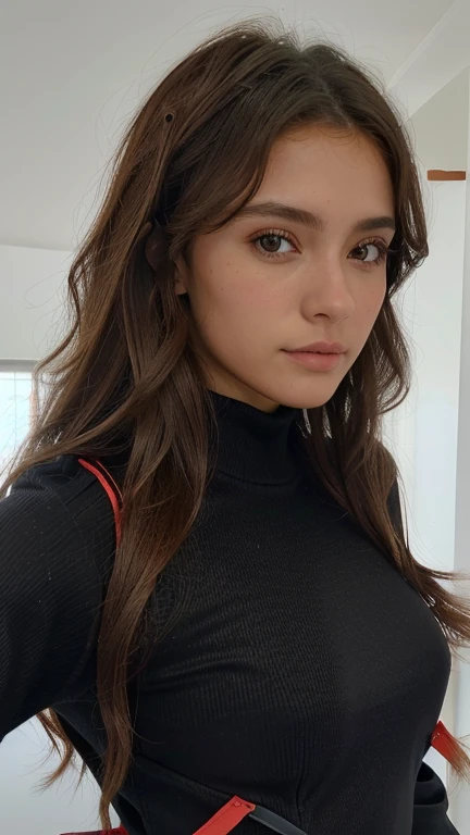 xoaeriel, a beautiful woman with brown wavy hair, ojos azules, nariz redonda, vistiendo un cohete de equipo,uniforme del equipo cohete,falda blanca,letra roja R,top corto,medias negras hasta el muslo,guantes negros hasta el codo,hiperealista