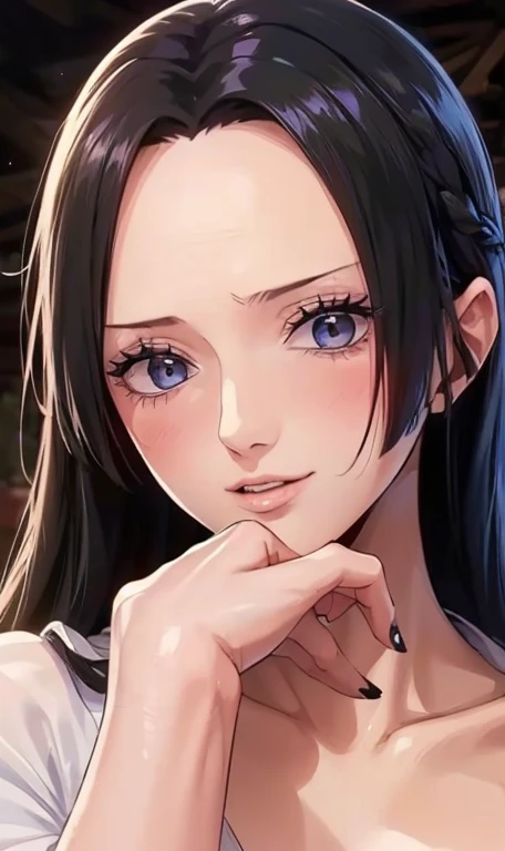 (((masterpiece))), (((best quality))), ((ultra-detailed)), (highly detailed CG illustration), Boa Hancock, (masterpiece:1.5), Detailed Photo, Sexy, (Best Quality: 1.4), (1girl), Beautiful Face, (black Hair, long Hair: 1.3), Beautiful Hairstyle, beautiful detail eyes, (realistic skin), beautiful skin, absurd, attractive, ultra high resolution, high definition, (sexually aroused:1.5), Pinkish white skin, cool white light, sexy pose, Beautiful , white background, pink soft white light, Wear a white dress, (bukkake:1.4), mature, onee-san, wife