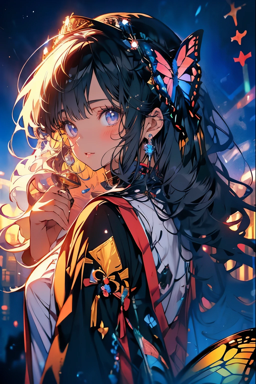 (Mastepiece)、(Best Quality)、Highly detailed face、Anime Girl、1 girl、Fluffy long hair、smile、butterfly々、gorgeous、Fantasy