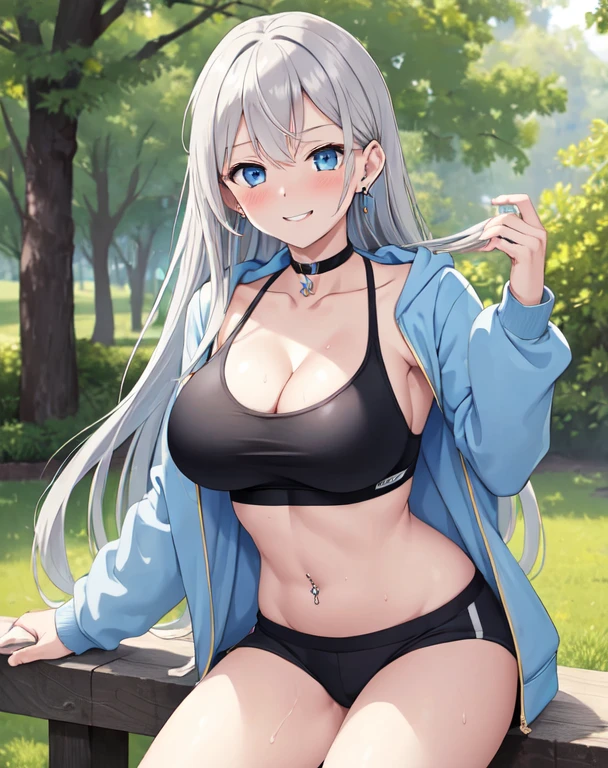 (((masterpiece))), ShizukaMikazuki, One Girl, alone, Looking at the camera, Long Hair, Gray Hair, Long sleeve, Cleavage, mega breasts,Large Breasts, Mature Body,Adult face,clavicle, Jacket, Open clothes, open Jacket, blue hoodie, Black sports bra, Black hot pants, choker with a charm,Play sports often,bicycle,Clear light blue eyes, Blushing,smile,Sweat,Amazed expression,Earrings,Golden navel piercing,Park at dusk, Increase the size of the chest