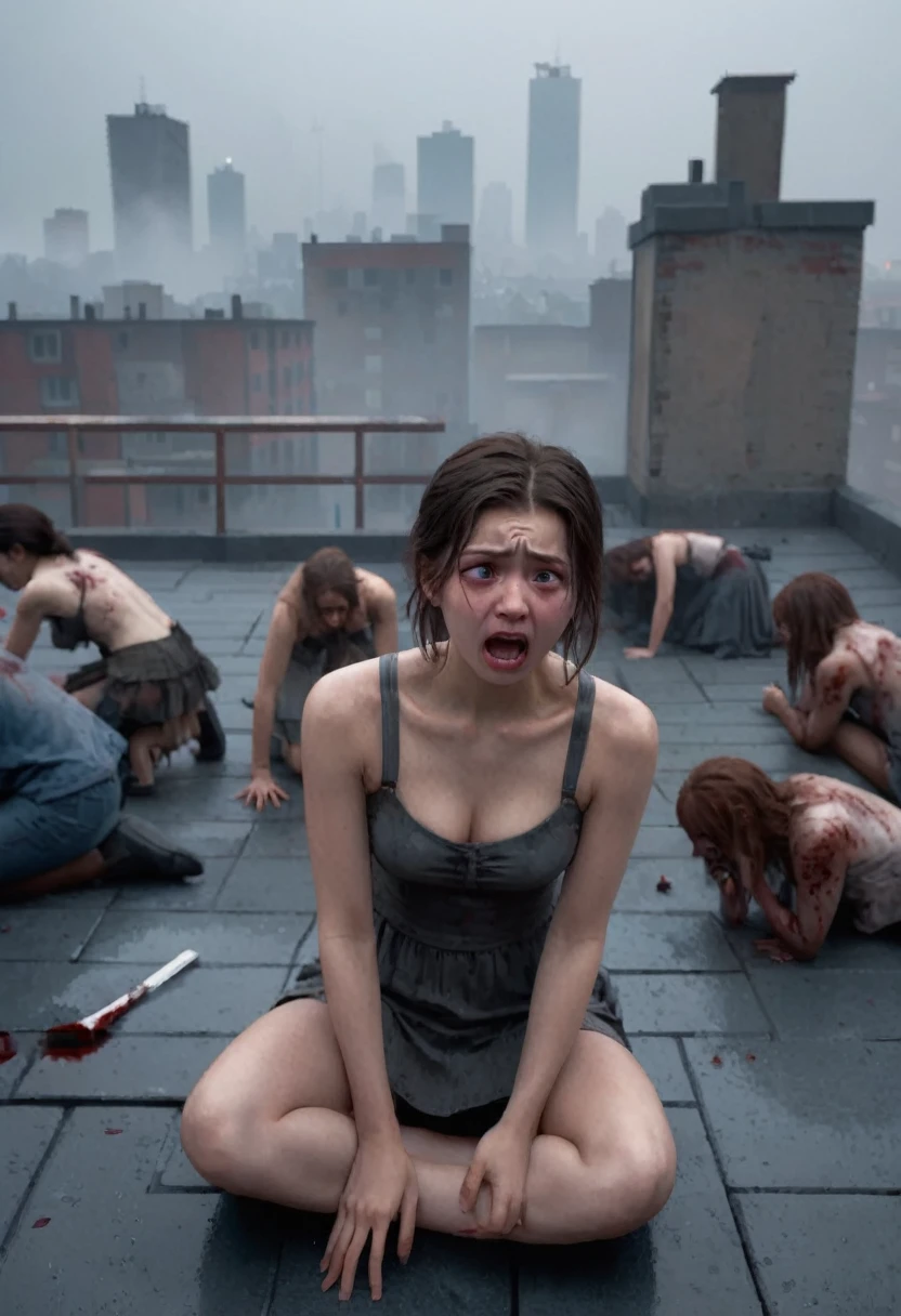 （（8k，RAW Photos，highest quality，masterpiece），HD RAW Color Photos，（Realistic，Realistic：1.37），（highest quality），（Best Shadow），Full Figure, 18-year-old, girl, On the roof, (Are crying),shout, squatted on the ground, fear, alone, Scared, Torn clothes, Realistic, Anatomically correct body(1.8), Correct legs(1.8), Very detailed, Exquisitely crafted, Dystopian cityscape, Surrounded by a lot of zombies(1.8), Attacking zombies(1.5), Desperate Situation(1.7), It was foggy, (Bokeh:0.6), Sharp focus, Dappled Lighting, (Backlight:0.7)