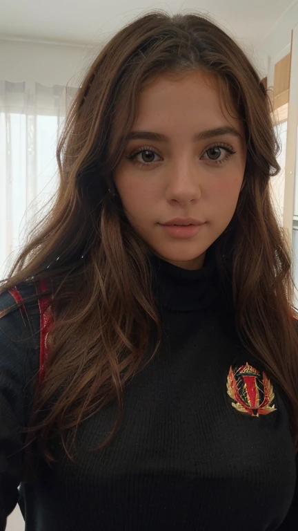 xoaeriel, a beautiful woman with brown wavy hair, ojos azules, nariz redonda, vistiendo un cohete de equipo,uniforme del equipo cohete,falda blanca,letra roja R,top corto,medias negras hasta el muslo,guantes negros hasta el codo,hiperealista