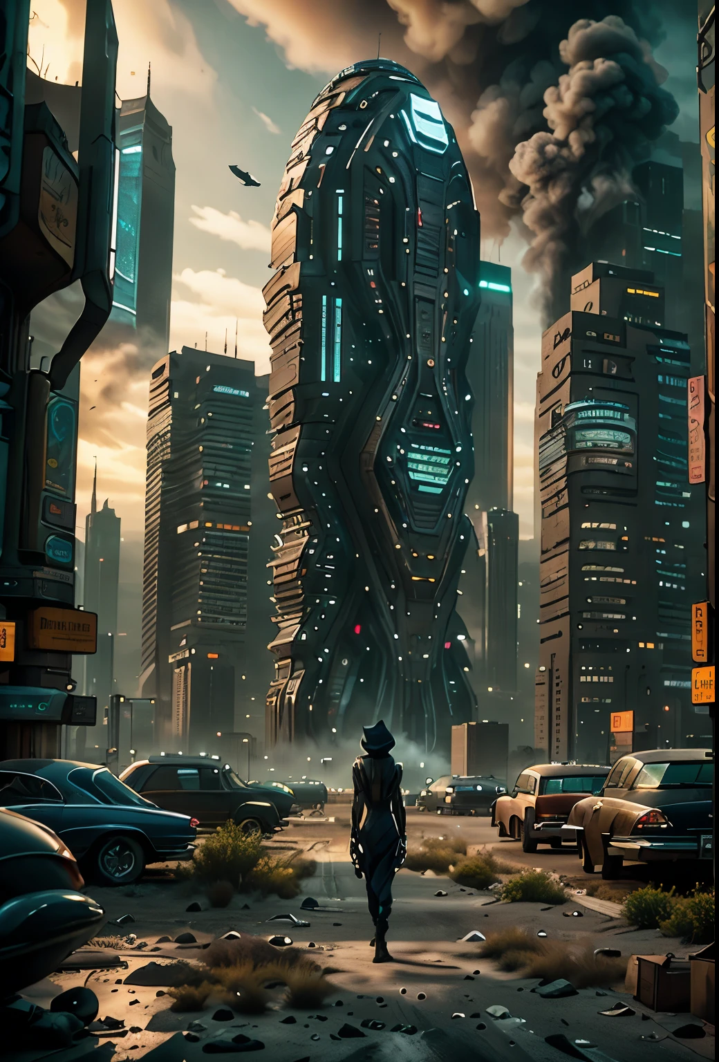 image taken from behind the shoulder of a GIRL with her back turned and DRESSED IN A HOOD from a balcony of a futuristic building with, She is looking at an aerial view of an ultra-futuristic North American megalopolis, view of the entire city with many metal buildings and houses in dark colors from dark blue to black, a cidade tem tons de cinza metal, has smoky metal structures , industrial environment with smoke and fog around, carros escuros nas ruas, desert megalopolis, trilhos e trens modernos de de metal passando estre as ruas da cidade, tall futuristic metal buildings, many ultra modern buildings around, , as realistic as possible, As detailed as possible, Science fiction
