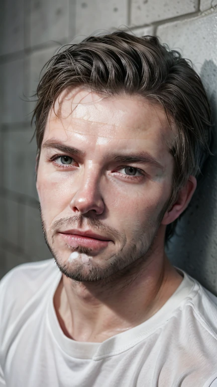 potrait sexy David Beckham wet face, grey wall