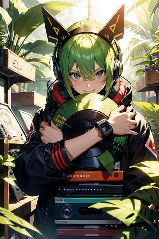 Create an image of a monkey DJ in a lively jungle setting. This playful primate dons a DJ cubicle, where he skillfully manipulates four CD decks, scattering bright discs around him. He rocks a pair of headphones, their ear cups hugging his human-like, five-fingered hands, adorned with intricate, anime-inspired designs. His expressive, cartoonish face is focused intently on the task at hand, revealing a mischievous yet endearing grin. The scenic background exudes 2K resolution, showcasing a dense, vibrant jungle with foliage, exotic animals, and the warm, glowing r
