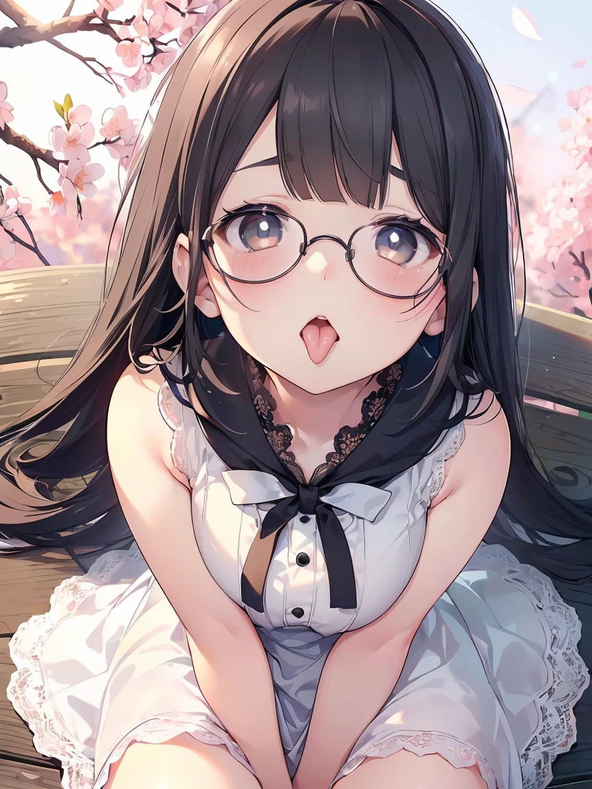 Very detailed, highest quality, High resolution, Moe Anime, ((A cute girl with black hair and droopy eyes is looking up)), ((Wearing large round glasses:1.4)), (), Cute eyes, Detailed eye depiction, Sparkle in the eyes, View your viewers, Pale skin, (Big eyes:1.4, Droopy eyes:1.4, Fatty face:1.4), Focus on the face, In the park with cherry blossoms falling, Sitting, (Extreme close up of tongue), (((From above))), Open your mouth, (((Face only:1.3))), ((white lace sleeveless dress)), Bright Eyes, Light from the front, (Put your hands between your legs:1.4), large and long tongue