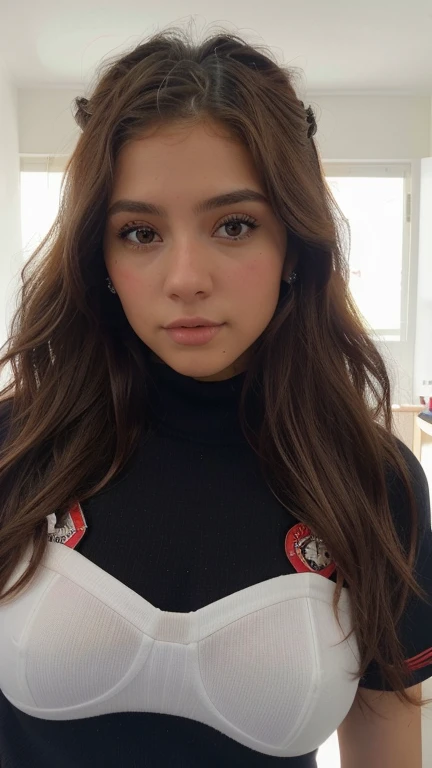 xoaeriel, a beautiful woman with brown wavy hair, ojos azules, nariz redonda, vistiendo un cohete de equipo,uniforme del equipo cohete,falda blanca,letra roja R,top corto,medias negras hasta el muslo,guantes negros hasta el codo,hiperealista
