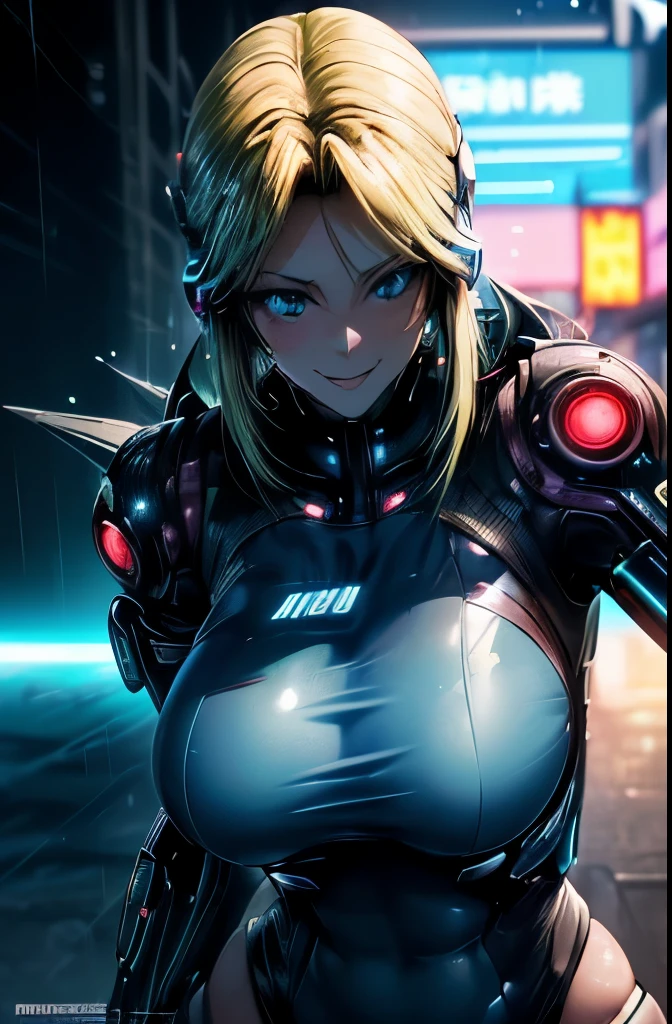 8K(((((Cute anime style face,(Good depiction of the face,anime style),(clumsy smile),face is red,beautiful woman,shyly,greenish blue eyes,cyber punk,Focus on people))))) ((woman,huge breasts:1.8, very red lips,Emphasis on huge breasts,big ass,thin waist,long legs,Are standing,greenish blue eyes))33 years old (((clumsy smile)))((((Focus on people)))))((((Blur the background))))) (((cyber punk,Science fiction,Future world blonde long hair beautiful woman,it&#39;s raining,A picture with a strong cyberpunk worldview))) ((((shyly)))))