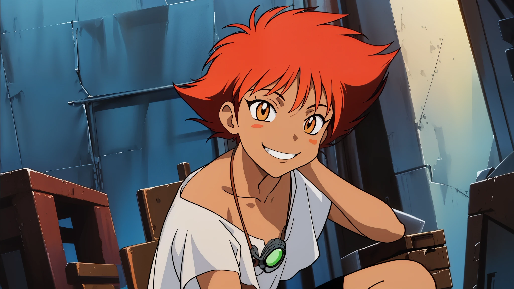 Edward,midriff,orange hair,white shirt,off shoulder,collarbone,tan skin, bike shorts,goggles, brown eyes, space station,engine room, upper body,sitting,smiling, under boob, cropped shirt, breasts, cleavage (insanely detailed, beautiful detailed face, masterpiece, best quality),