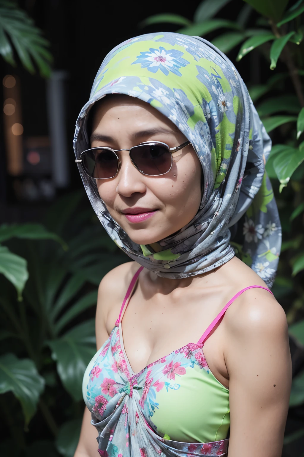 (((Sunglasses))), ((Old lady:1.5)), ((FLAT CHEST:1.6)), (Happy smile), (((HIJAB MALAY GIRL))), masutepiece, High quality, UHD 32K, Realistic face, Realistic skin feeling , A Japanese Lady, 58 years old matured lady, , Very cute and baby-like face, (((FLAT CHEST))), (Night time at forest), ((look In front at the camera and SADNESS)), (((WHITE FLUORESCENT))), (((CUTE GIRL))), ((LIGHT GREEN FLUORESCENT LIPS)), ((Floral Pattern)) little wearing strapless bra, strapless colorful bra, dark night background , black forest night, horror scary place, (from behind up) seductive pose