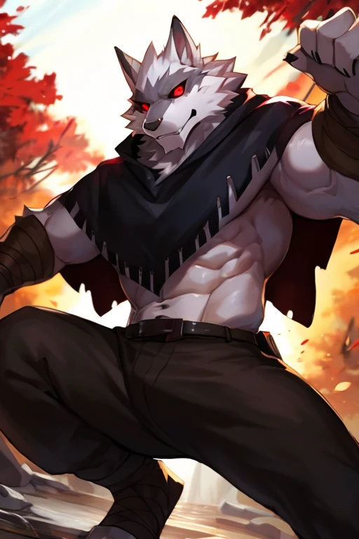 lobo da morte, Melhor qualidade, alta res, obra-prima, por Kiyosan, (por null-ghost:0.5), solo, olhos detalhados, volume illumination, detalhes finos, corpo inteiro, Action Pose, capa, (arma: 0.9), capa preta, poncho, poncho preto,saruel marrom, brown saruel pants, white hair, olhos vermelhos, esclera preta, muscular, noite, fundo detalhado, beco, fundo preto e vermelho