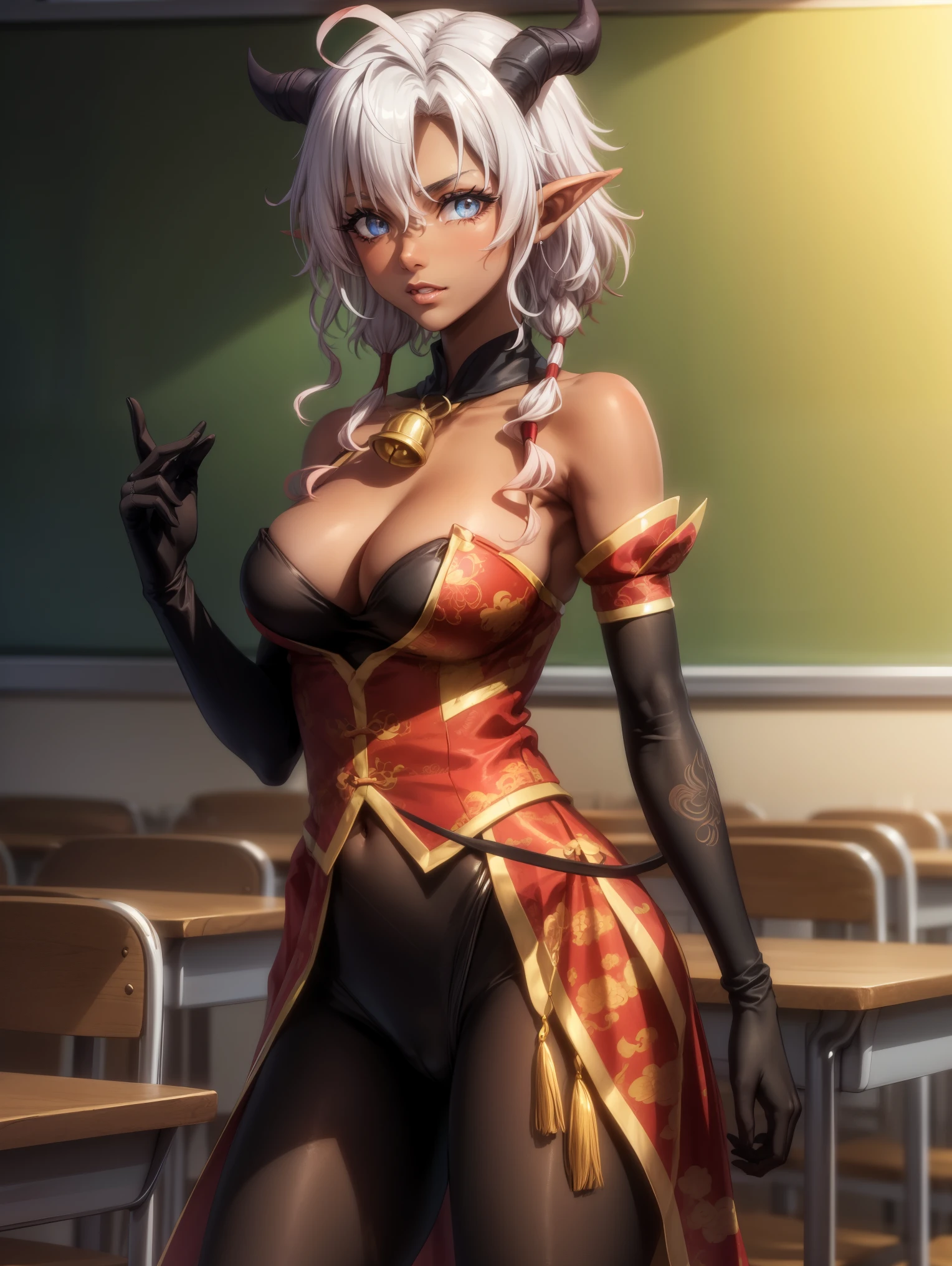 h3ine,
BREAK (bare shoulders, bell, black gloves, black pantyhose,chinese knot, detached sleeves, flower knot, gloves,neck bell:1.2),
BREAK indoors, classroom,
BREAK Standing at attention, looking at viewer, NSFW,(seductive look, flirting, sexy), ((looking at viewer, front body pose)), BREAK (masterpiece:1.2), best quality, high resolution, unity 8k wallpaper, (illustration:0.8), (beautiful detailed eyes:1.6), extremely detailed face, perfect lighting, extremely detailed CG, (perfect hands, perfect anatomy),