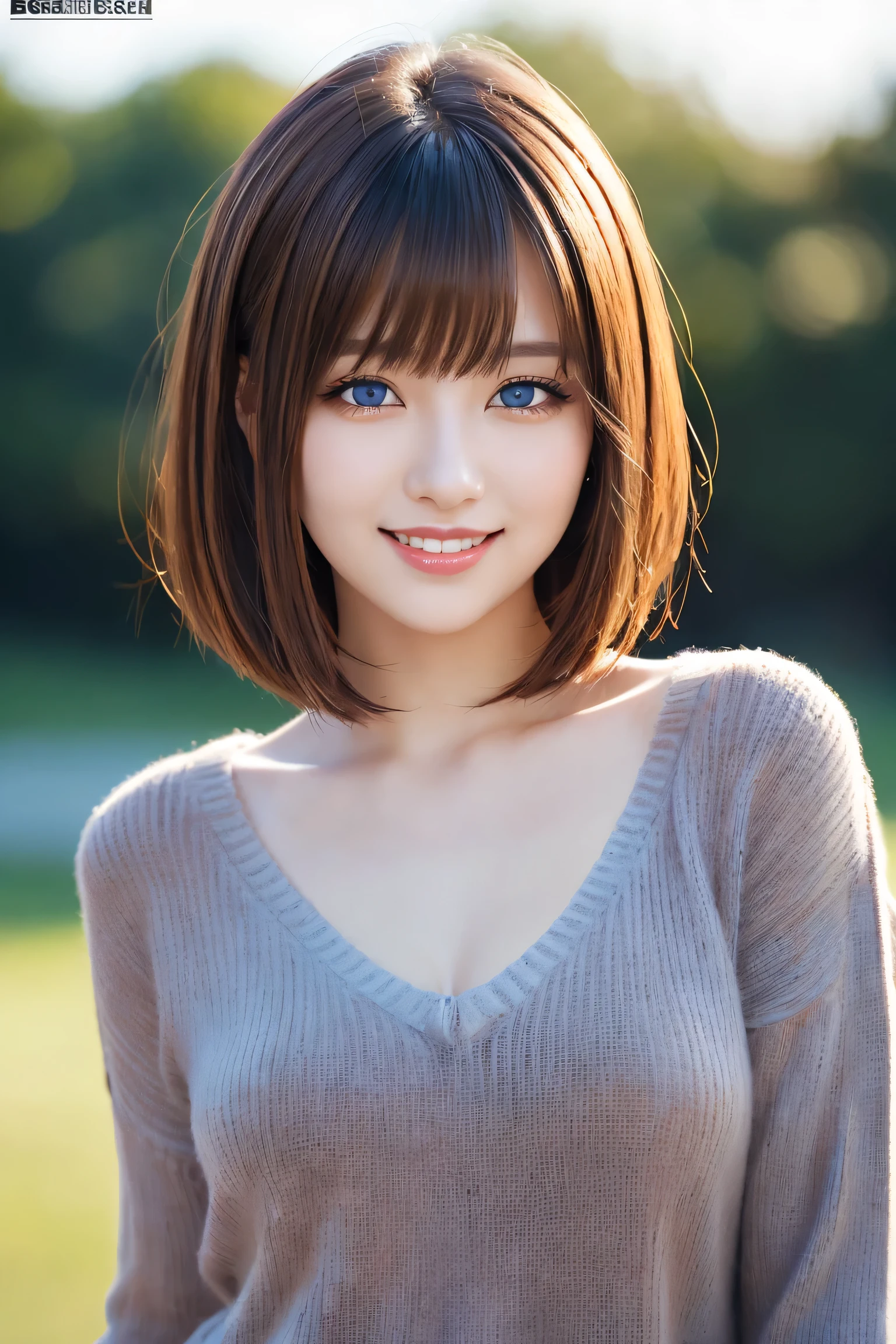 ((masterpiece)), ((best quality)), (ultra-detailed), ((kawaii)), cute, ((lovely)), (sexy), ero, ((extremely detailed)), ((extremely detailed)), ((extremely detailed)), 4K, (8K), (beautiful), illustration, (cowboy shot:1.3), outside, park, a cute girl, 1girl, soro, japanese, (black v-neck sweater:1.3), (denim pants), (beautiful brown hair:1.3), ((beautiful hair)), (bob cut), beautiful blue eyes, ((beautiful eyes)), white teeth, smile, (blush:1.2), shine with colored light,